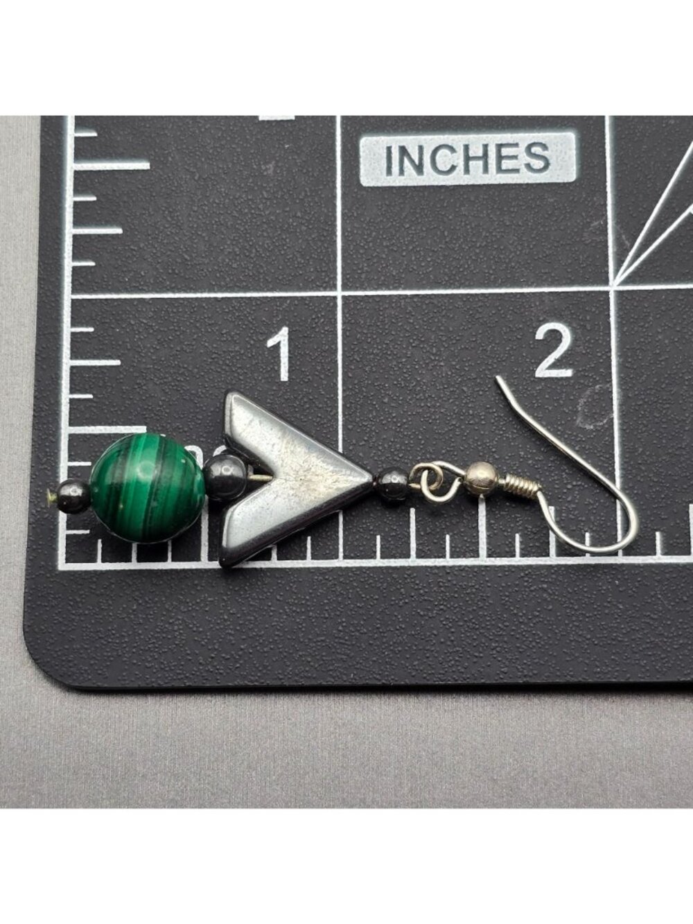 Vintage Malachite Hematite Arrowhead Drop Earrings Sterling Silver Boho Dangle - Picture 6 of 8